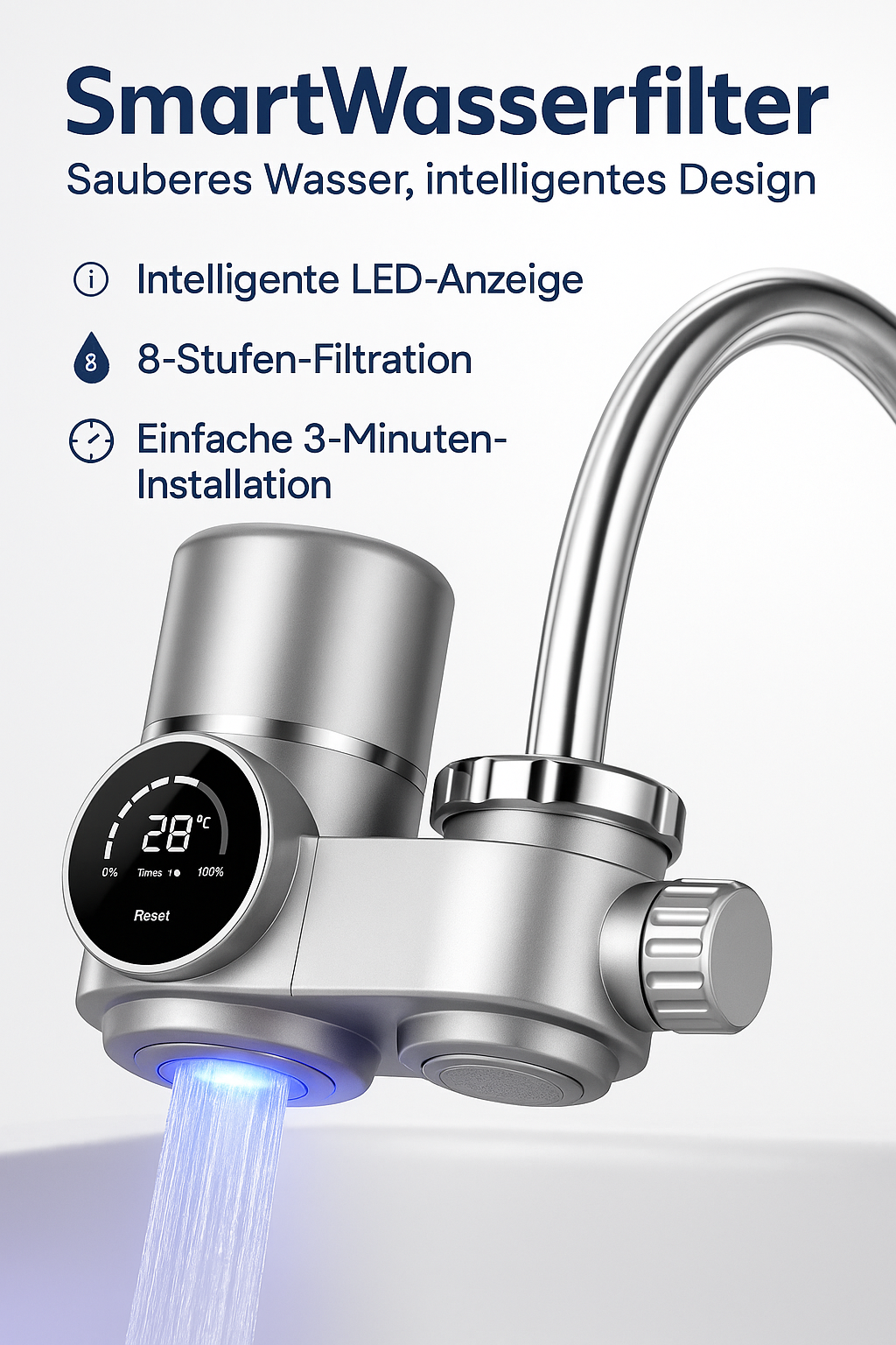 Smart UV-Wasserhahnfilter mit LED-Anzeige – 8-Stufen-Filtration, stromfrei